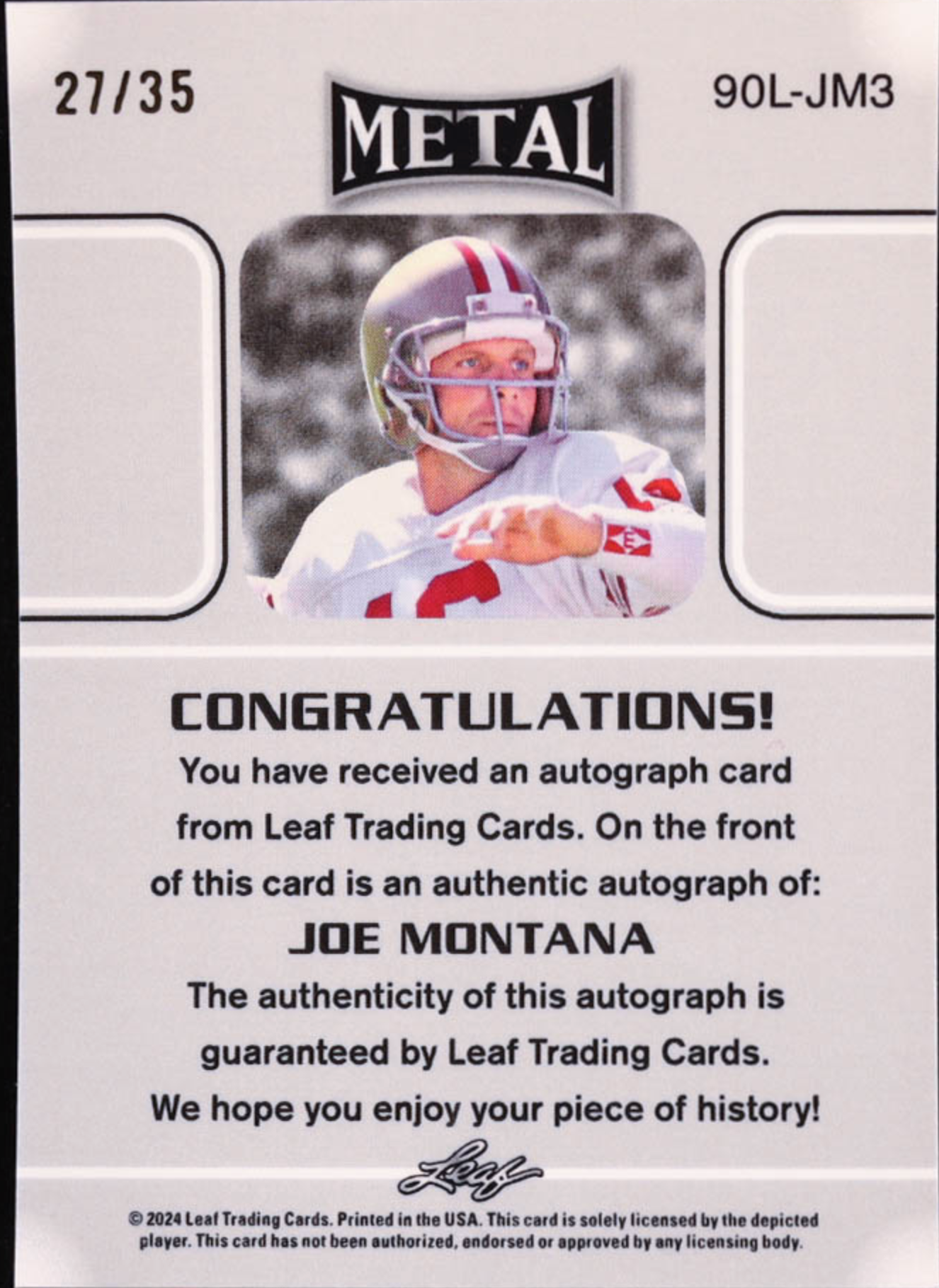 Joe Montana Signed Leaf Metal 90L-GM3 #27/35 authentic-signatures