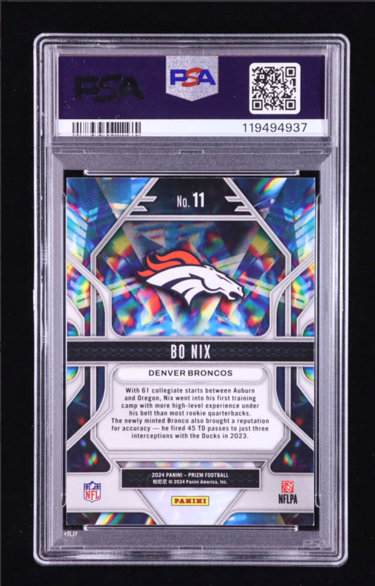 Bo NIX Panini Prizm Prizmatic #11 RC (PSA 9) authentic-signatures