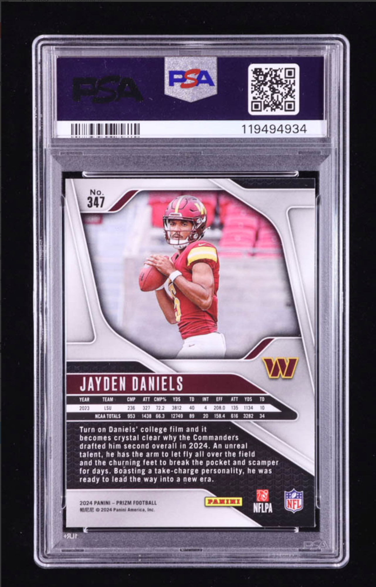 Jayden Daniels 2024 Panini Prizm #347 RC (PSA 9) authentic-signatures