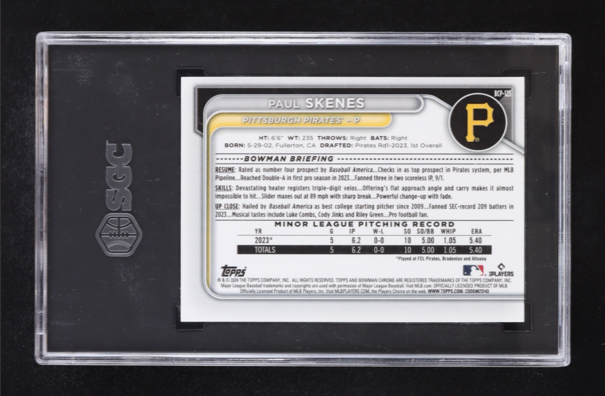 Paul Skenes 2024 Bowman Chrome Sapphire Prospects #BCP125 RC (SGC 10) authentic-signatures