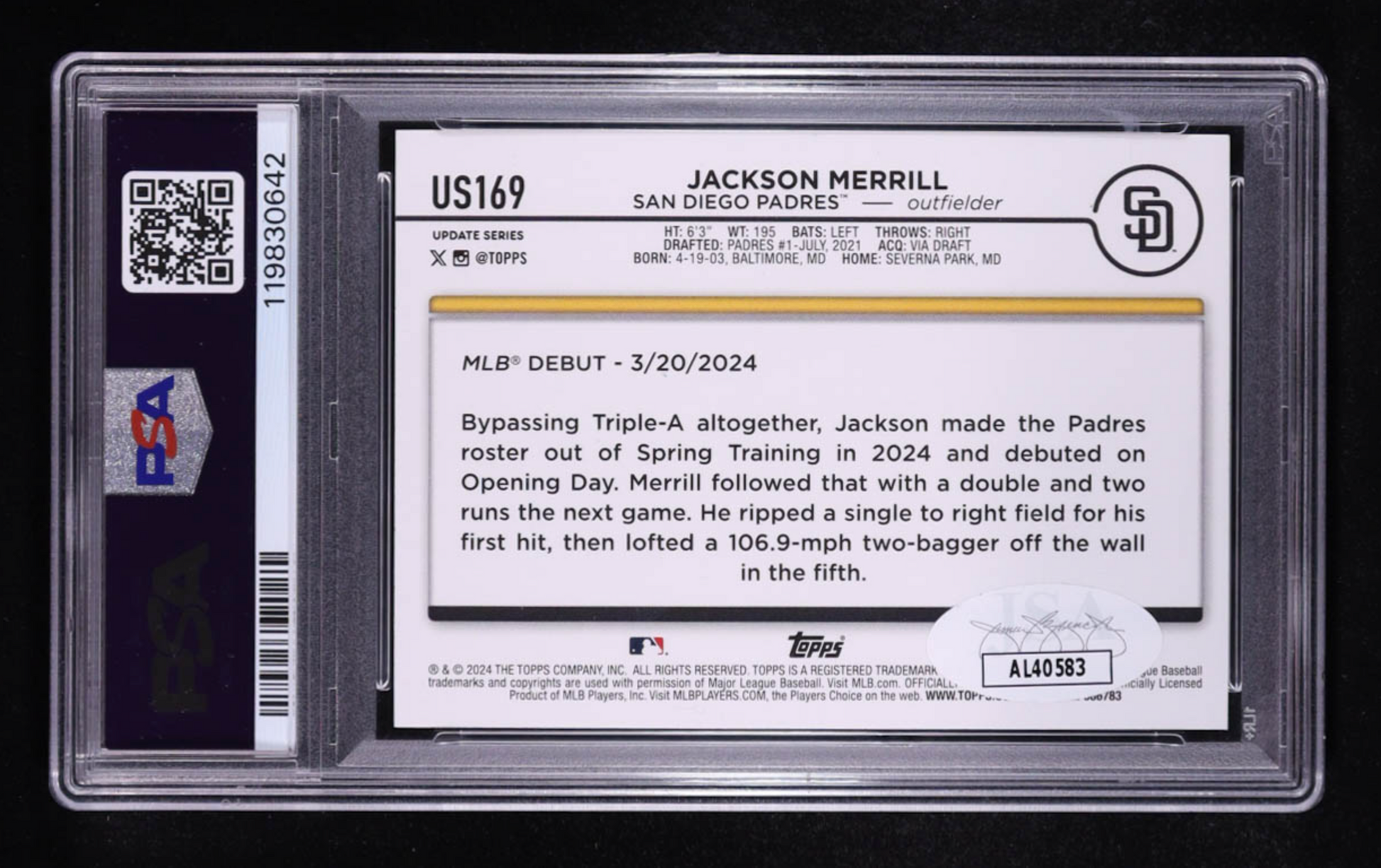 Jackson Merrill Signed 2024 Topps Update Halloween Orange and Black Foil #US169 RC (PSA AUTO 10) authentic-signatures