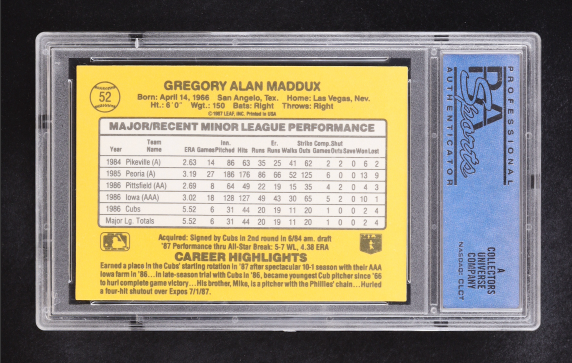 Greg Maddux 1987 Donruss Rookies #52 RC (PSA 9) authentic-signatures