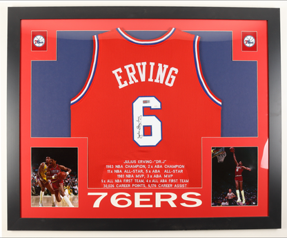 Cadre Maillot authentique des Philadelphia 76ers signe avec Stats Carriere de Julius Erwing certifie par JSA et PIA authentic-signatures