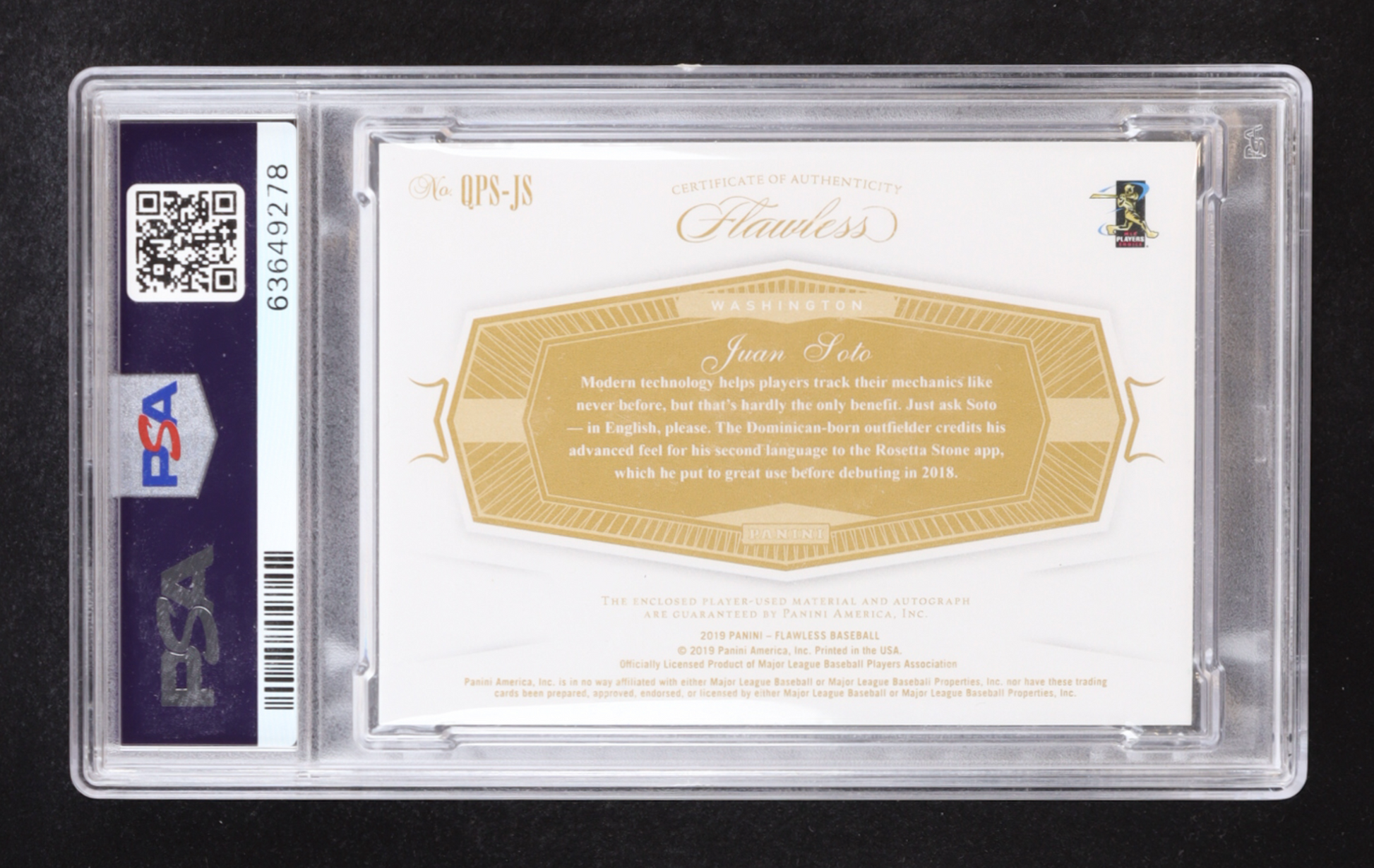 Juan Soto 2019 Panini Flawless Quad Patch Signatures Emerald #3 #1/3 (PSA 9) authentic-signatures