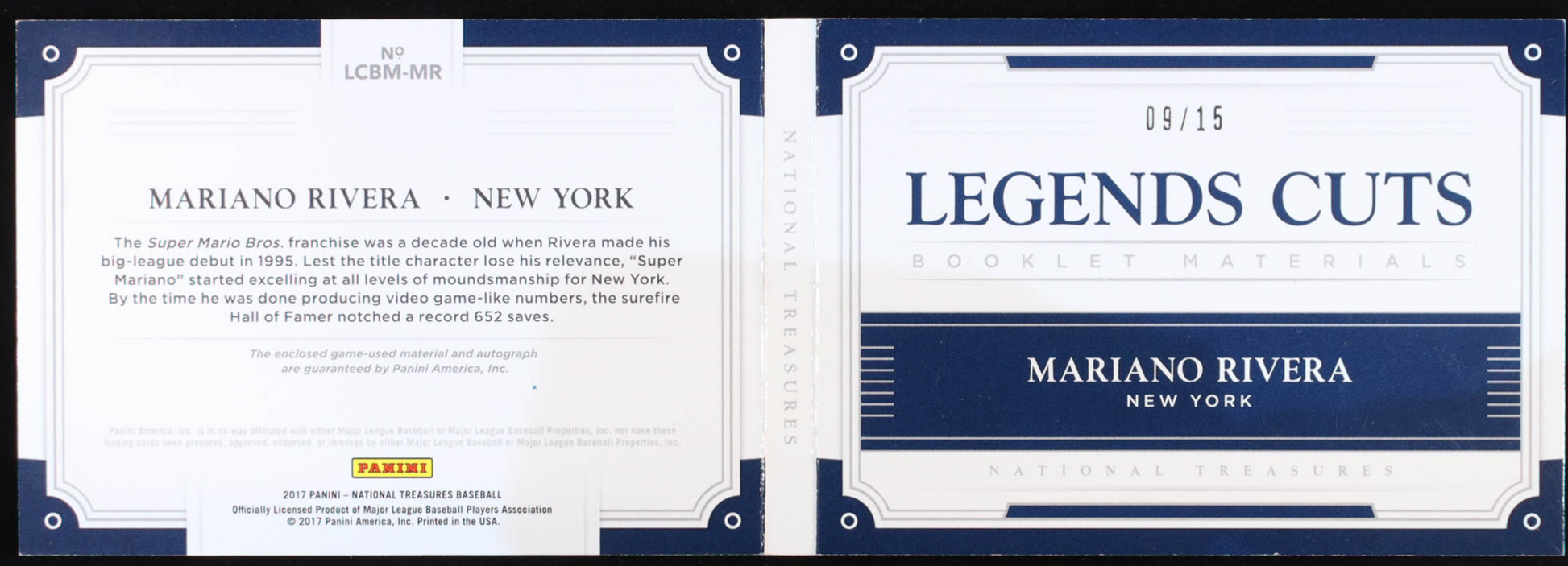 Mariano Rivera 2017 Panini National Treasures Legends Cuts Booklet Triple Materials #90 #09/15 authentic-signatures