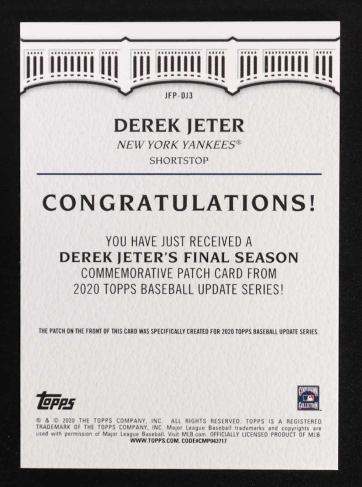 Derek Jeter 2020 Topps Update Jeter's Final Season Commemorative Patches #JFPDJ3 authentic-signatures