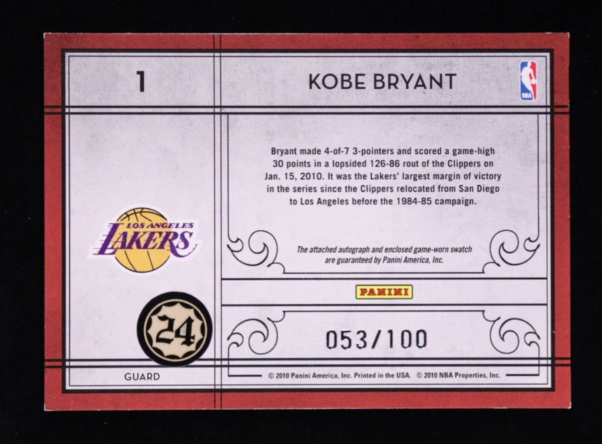 CARTE EXCEPTIONNELLE Edition Limitée 53/100 comprenant Piece de Maillot de Match 24 porté et Signature de Kobe Bryant 2009-10 Timeless Treasures Materials Jerseys Ink #1 authentic-signatures