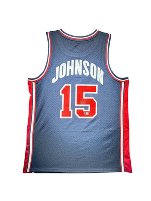 Maillot Custom Exterieur Team USA Edition Olympics games Barcelona 1992 signe par Magic Johnson et certifie par Beckett authentic-signatures