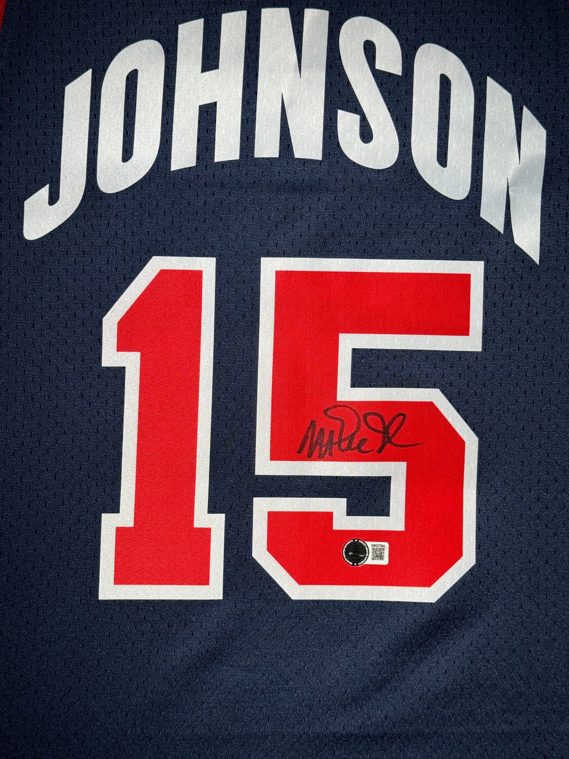 Maillot Custom Exterieur Team USA Edition Olympics games Barcelona 1992 signe par Magic Johnson et certifie par Beckett authentic-signatures