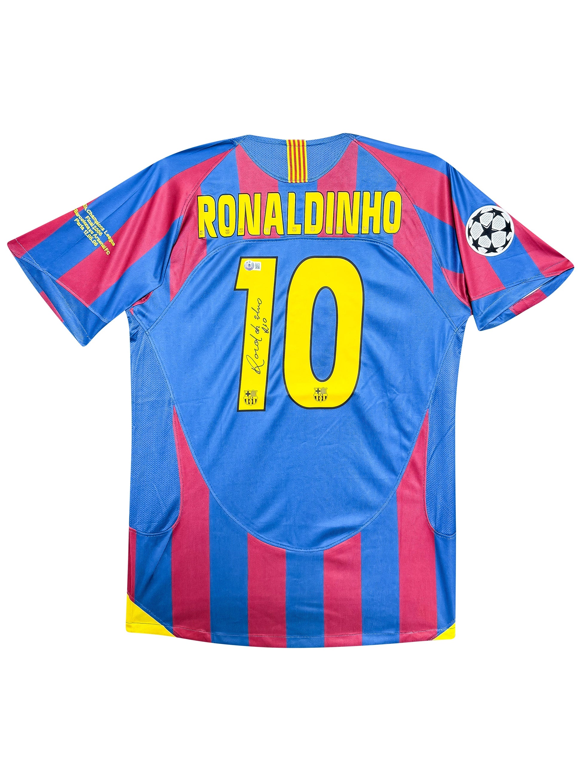 Maillot Authentique FC Barcelone Finale Champions League 2006 signé par Ronaldinho et certifié par Beckett authentic-signatures