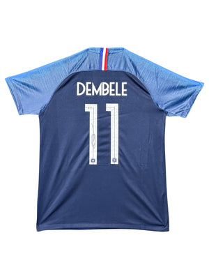 Maillot Authentique Equipe de France Finale Coupe du Monde 2018 signé par Ousman Dembele et certifié par Beckett authentic-signatures