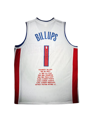 Maillot Custom Domicile signe par Chauncey Billups avec Stats de Carriere certifie par JSA authentic-signatures