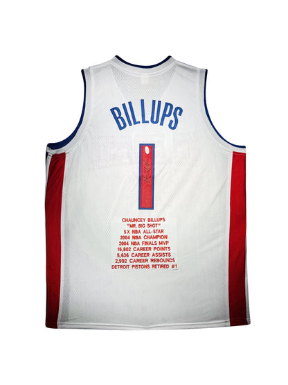 Maillot Custom Domicile signe par Chauncey Billups avec Stats de Carriere certifie par JSA authentic-signatures