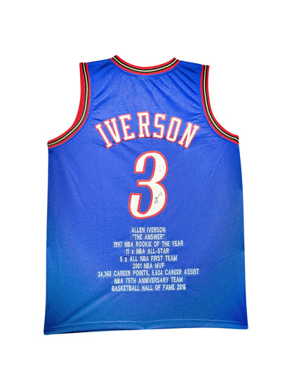 Maillot Custom Exterieur Philapelphia 76ers signe avec les Statistiques de Carrière par Allen Iverson certifie par JSA authentic-signatures