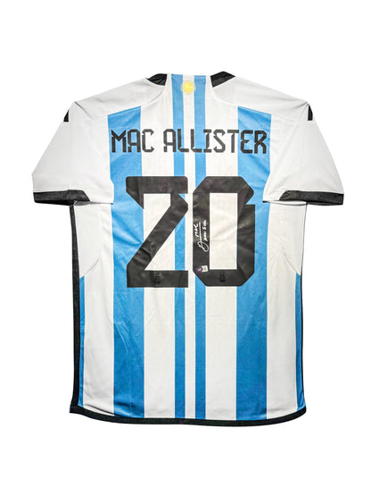 Maillot Domicile Equipe d'Argentine Edition Coupe du Monde 2022 signe par Alexis Mac Allister et Certifie par Beckett authentic-signatures