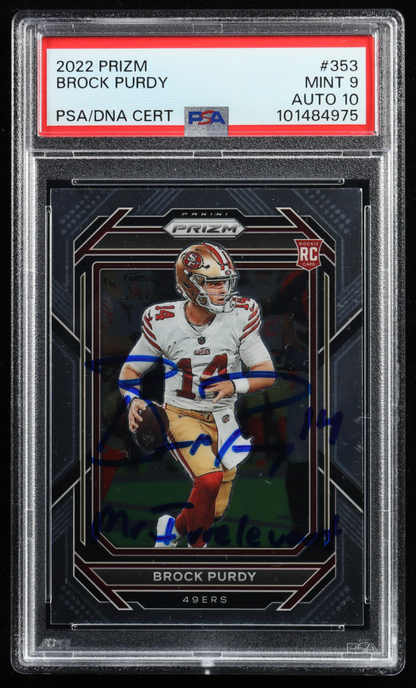 UNIQUE SIGNATURE "MR IRRELEVANT" Brock Purdy Signed 2022 Panini Prizm 353 RC Inscribed "Mr Irrelevant" (PSA 9 | AUTO 10) authentic-signatures