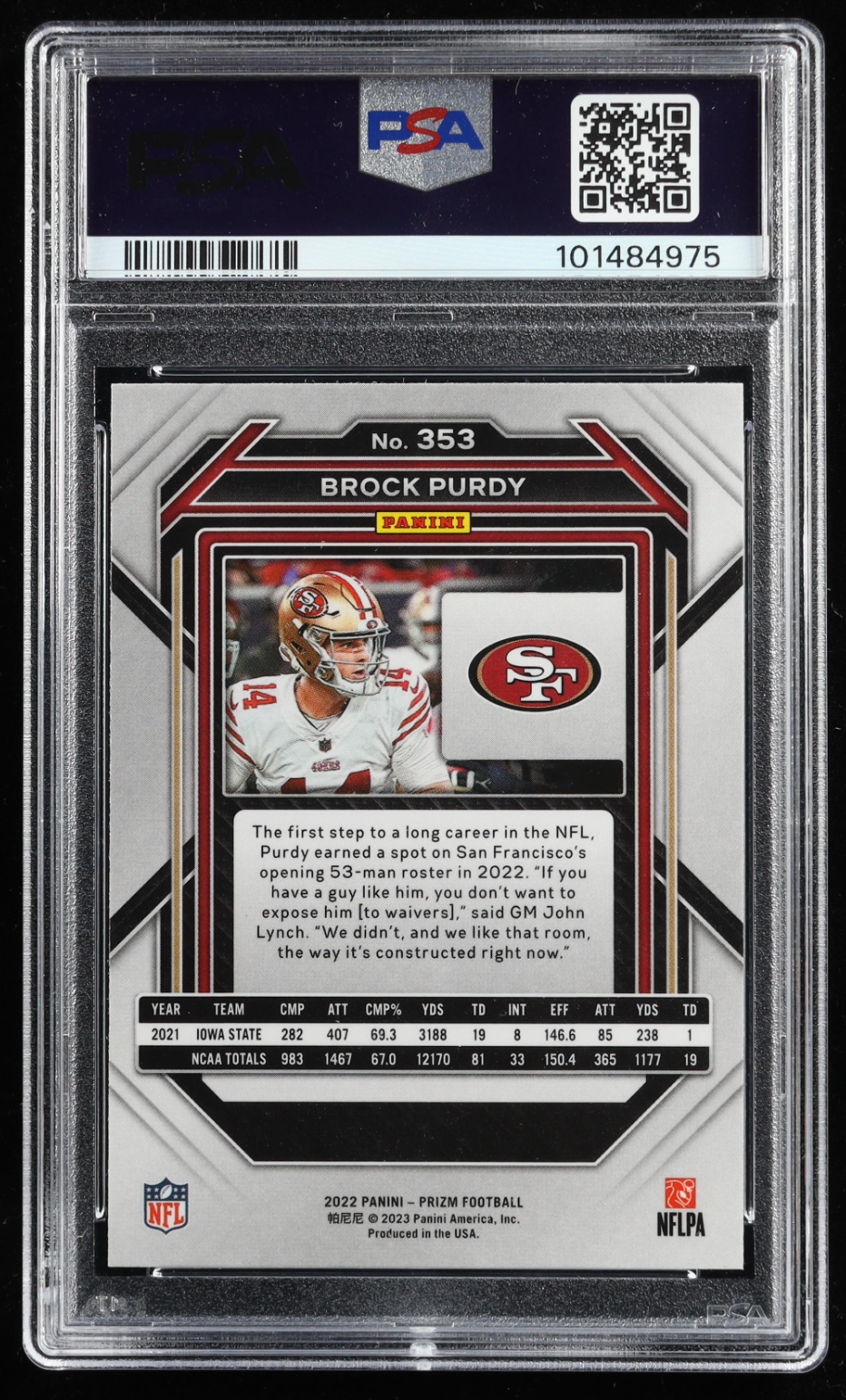 UNIQUE SIGNATURE "MR IRRELEVANT" Brock Purdy Signed 2022 Panini Prizm 353 RC Inscribed "Mr Irrelevant" (PSA 9 | AUTO 10) authentic-signatures