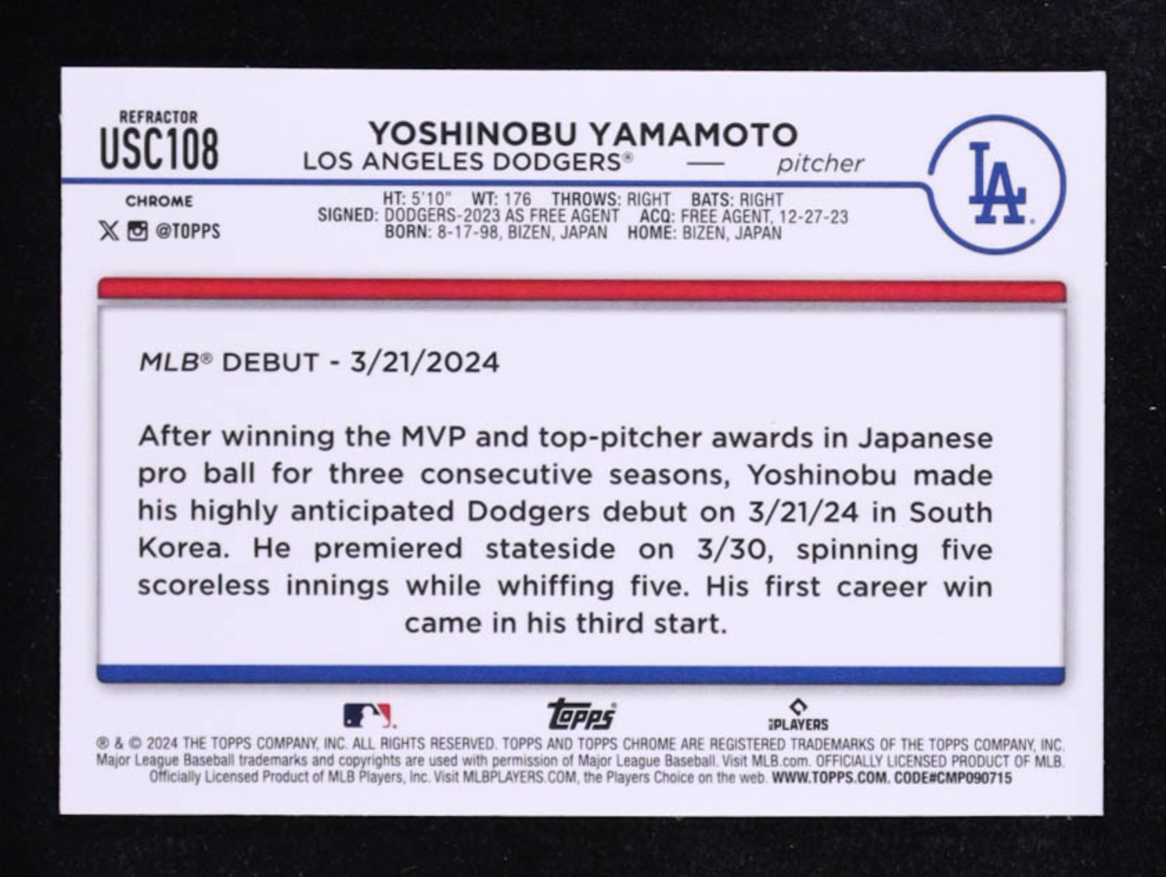 Yoshinobu Yamamoto 2024 Topps Chrome Update Refractors #USC108 RC authentic-signatures