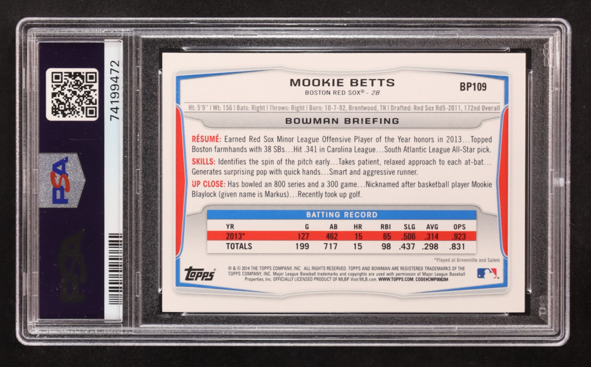 Mookie Betts 2014 Bowman Prospects #BP109 RC (PSA 10) authentic-signatures