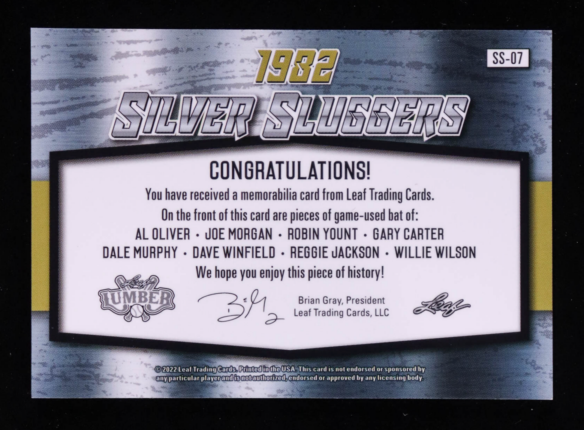 Oliver / Yount / Murphy / Jackson / Morgan / Carter / Winfield / Wilson 2022 Leaf Lumber Silver Sluggers 1982 Bat Materials #SS07 #9/9 authentic-signatures