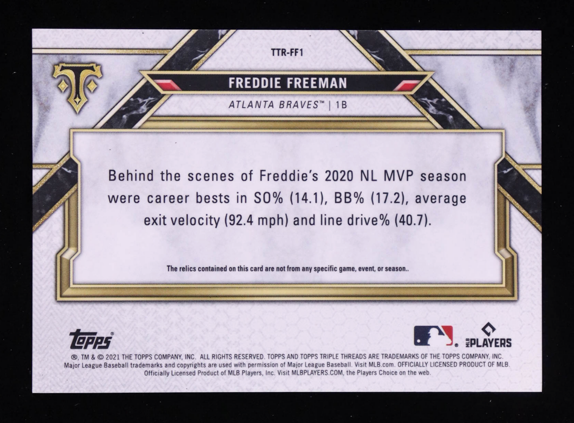 Freddie Freeman 2021 Topps Triple Threads Relics #TTRFF1 #21/36 authentic-signatures