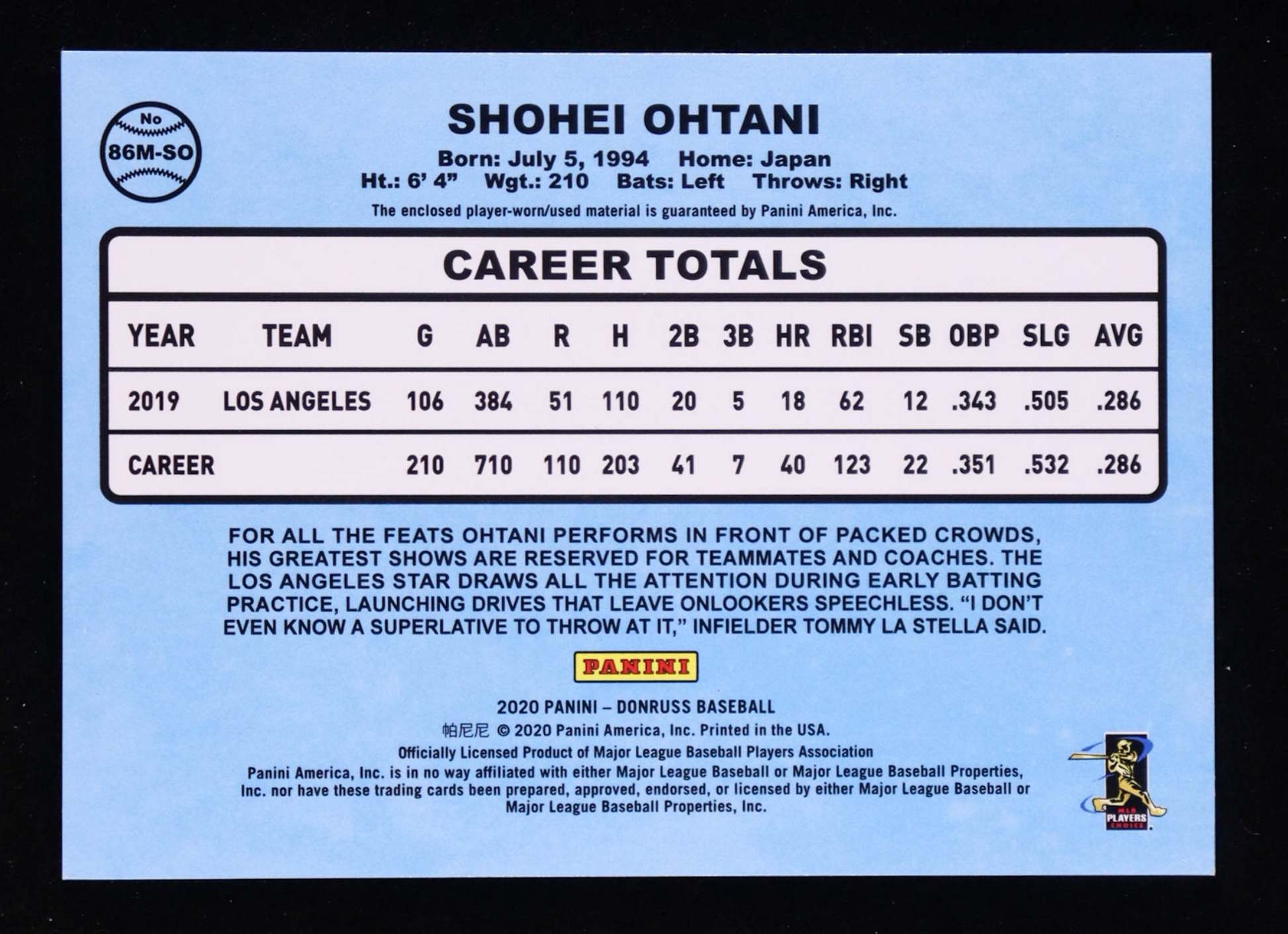 Shohei Ohtani 2020 Donruss Retro '86 Materials #40 authentic-signatures