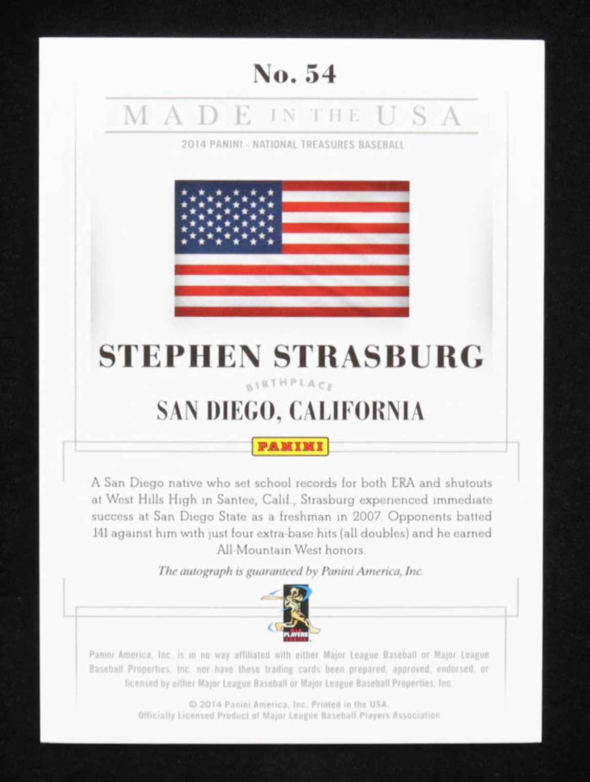 Stephen Strasburg 2014 Panini National Treasures Made In Autographs #54 #3/10 authentic-signatures