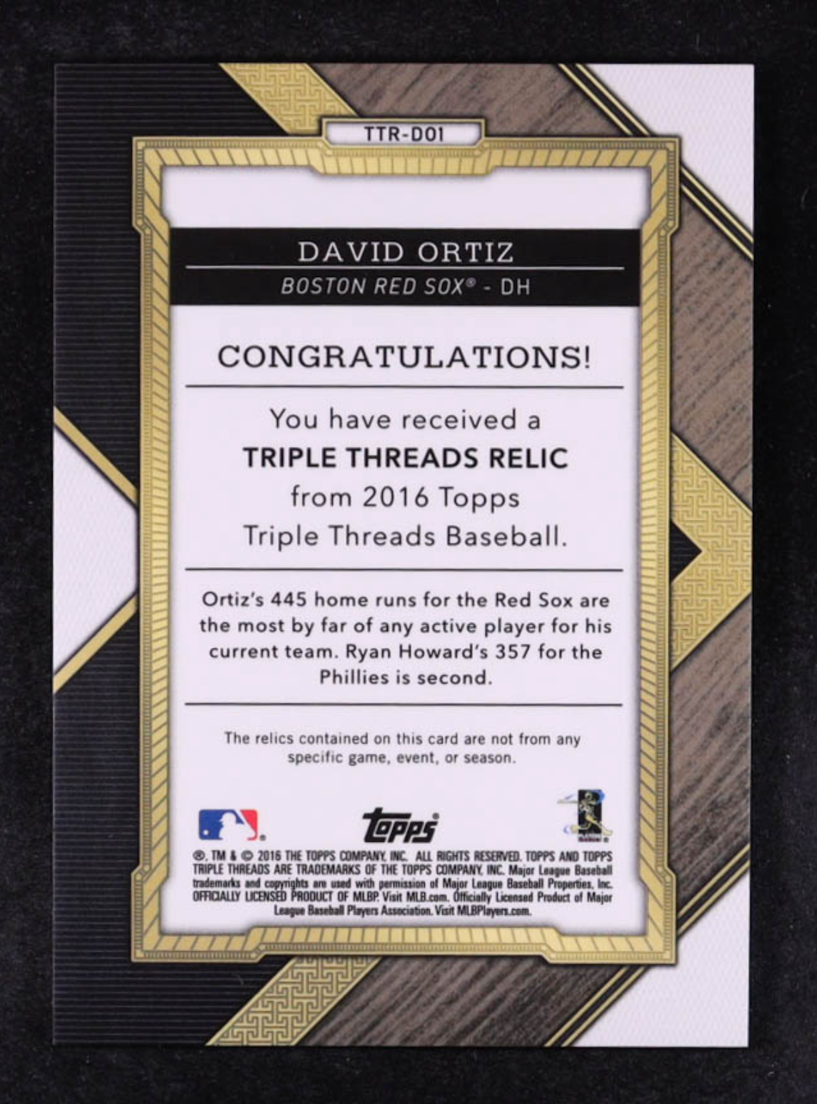 David Ortiz 2016 Topps Triple Threads Relics Emerald #TTRDO1 #05/18 authentic-signatures