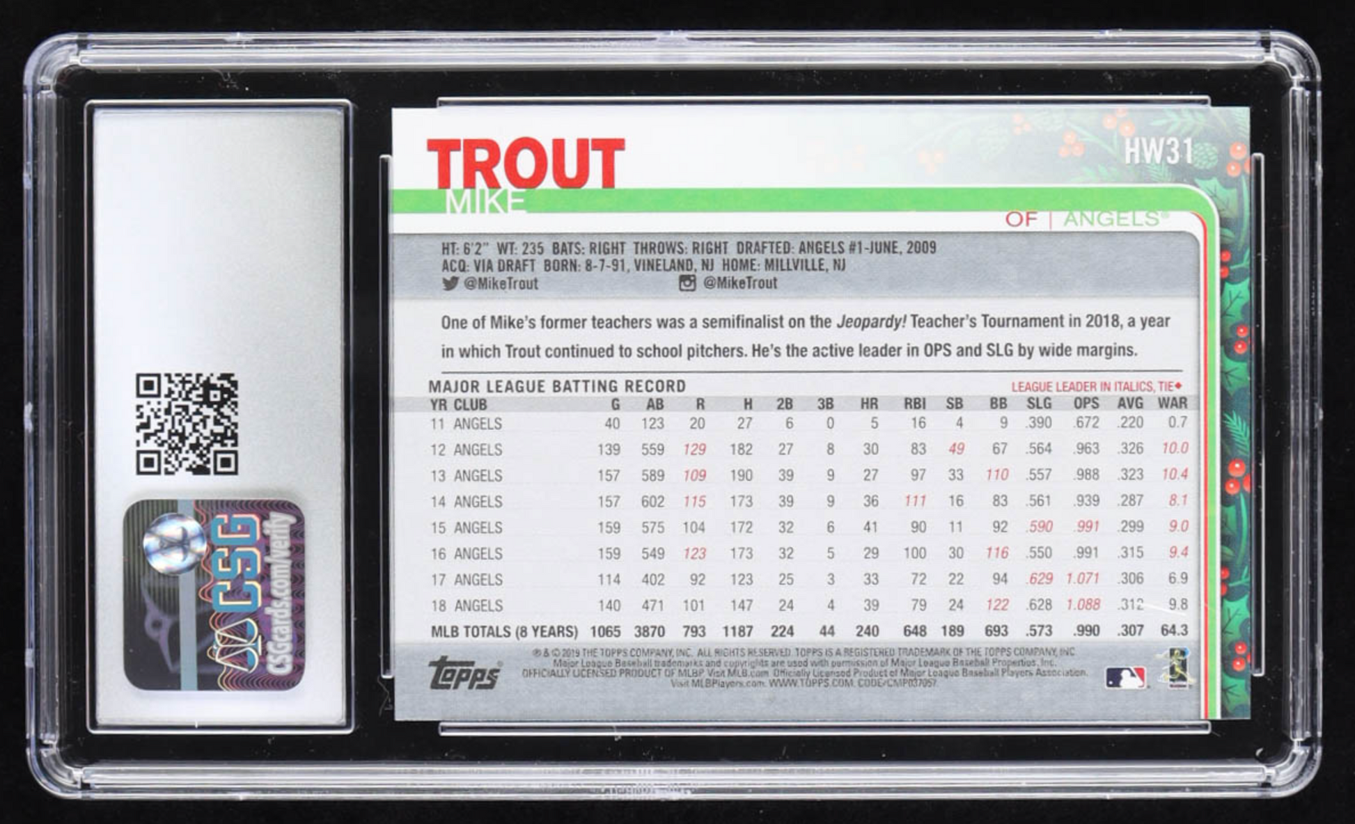 Mike Trout 2019 Topps Walmart Holiday Metallic #HW31 (CSG 10) authentic-signatures