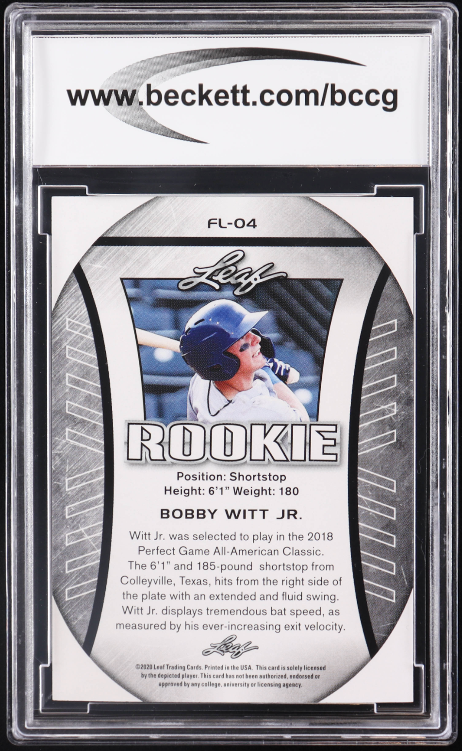 Bobby Witt Jr. 2020 Leaf Rookie Flag #FL04 RC (BCCG 10) authentic-signatures