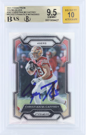 Christian McCaffrey San Francisco 49ers Autographed 2023 Panini Prizm Silver #267 (Beckett/Fanatics Witnessed 9.5 | Auto 10) authentic-signatures