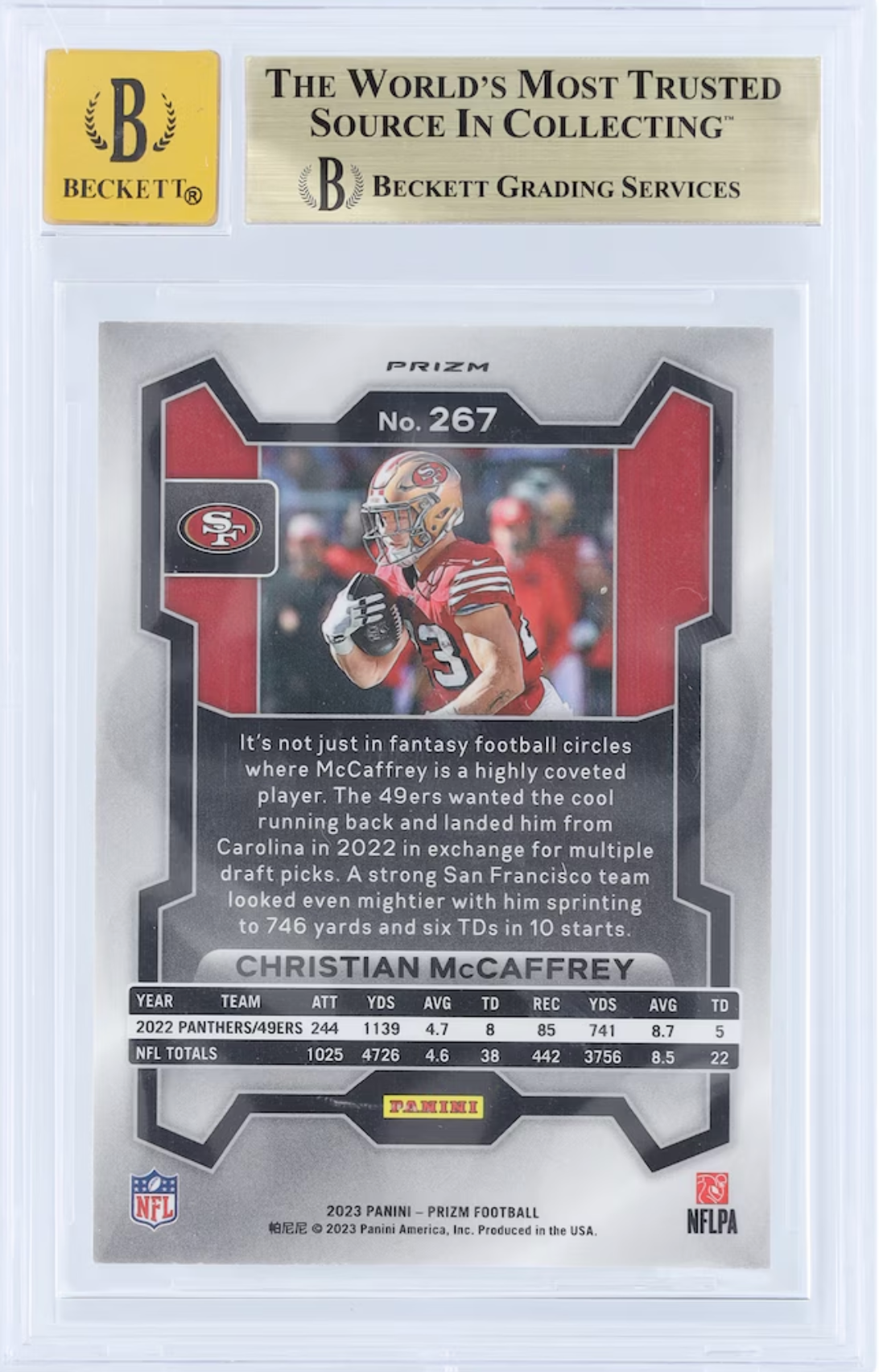 Christian McCaffrey San Francisco 49ers Autographed 2023 Panini Prizm Silver #267 (Beckett/Fanatics Witnessed 9.5 | Auto 10) authentic-signatures