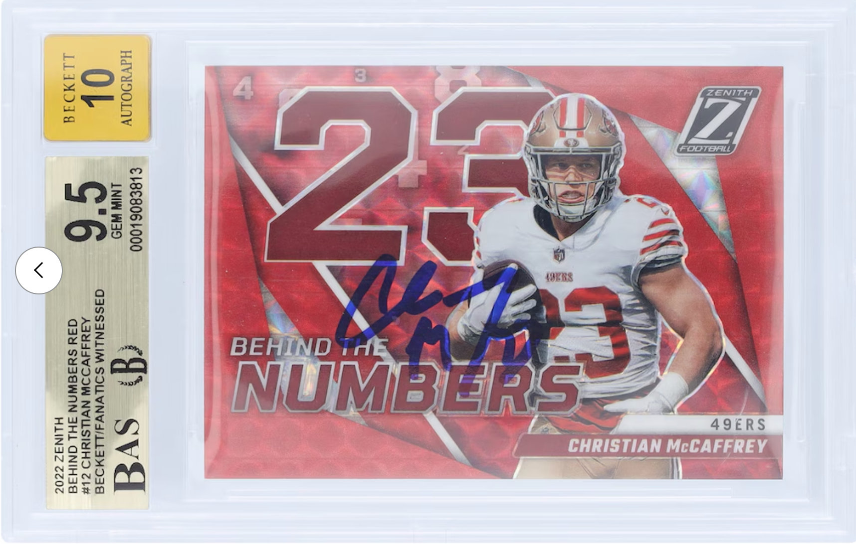 Christian McCaffrey San Francisco 49ers Autographed 2022 Panini Zenith Behind the Numbers Red #BN-CM (Beckett/Fanatics Witnessed 9.5 | Auto 10) authentic-signatures