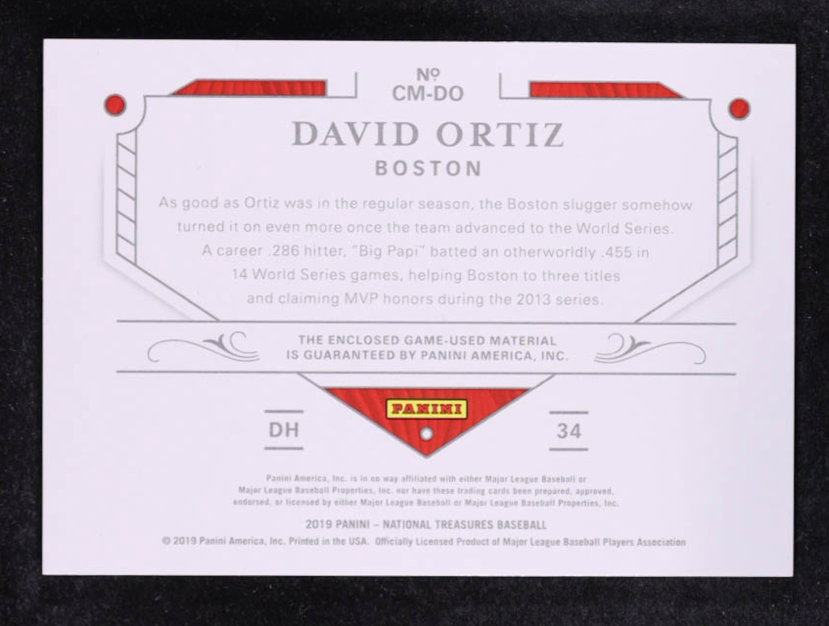David Ortiz 2019 Panini National Treasures Colossal Materials Holo Gold #26 #14/25 authentic-signatures