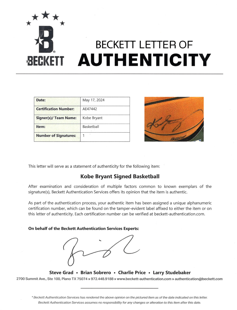 Basketball Finals NBA 2001 signe par Kobe Bryant certifie par Beckett et PSA authentic-signatures