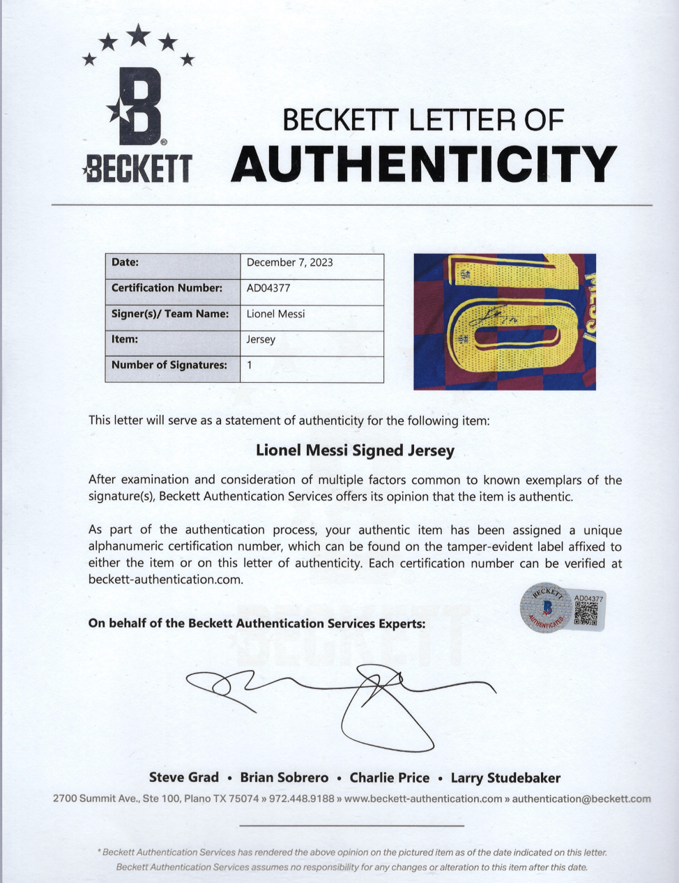 Maillot Domicile signe par Lionel Messi Fc Barcelone 2019-20 Certifie par Beckett authentic-signatures