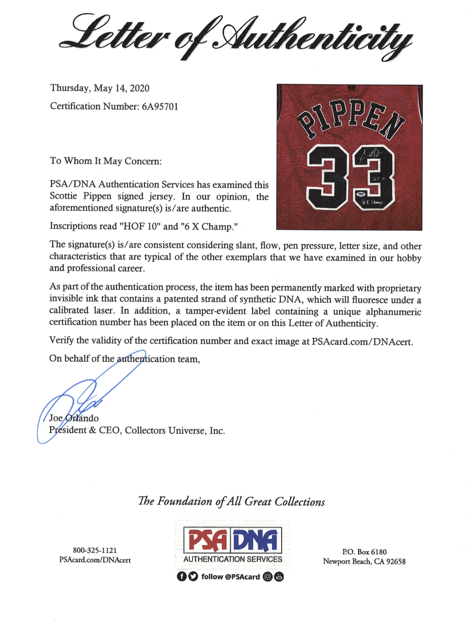 Maillot "6xChamp-HOF 10" Authentique Domicile Chicago Bulls signe par Scottie Pippen certifie par PSA authentic-signatures