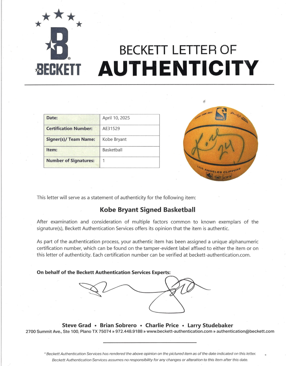 Rare signature"24" GAME BALL signé par Kobe Bryant et certifié par Beckett authentic-signatures