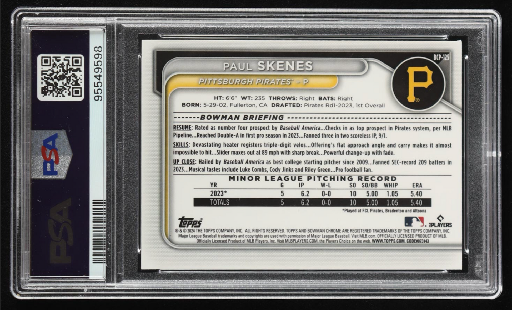Paul Skenes 2024 Bowman Chrome Prospects Lunar Glow Refractors #BCP125 RC (PSA 10) authentic-signatures