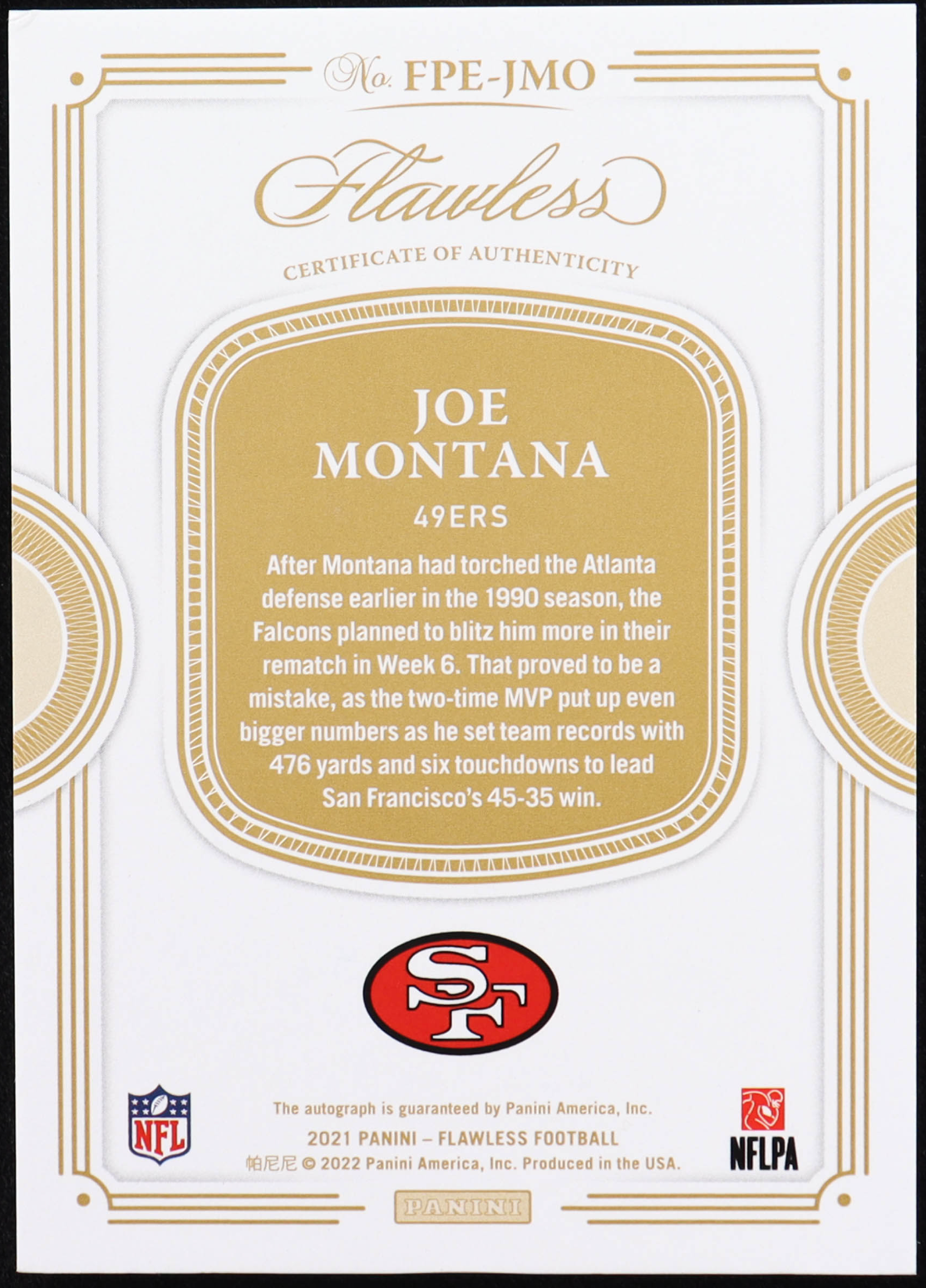 Joe Montana 2021 Panini Flawless Flawless Performances Autographs #8 #04/10 authentic-signatures